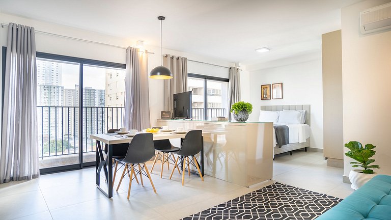 Studio confortável no bueno | Garagem + Ar Condicionado