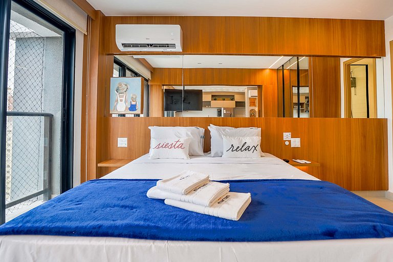 Flat luxuoso e completo perto do Vaca Brava