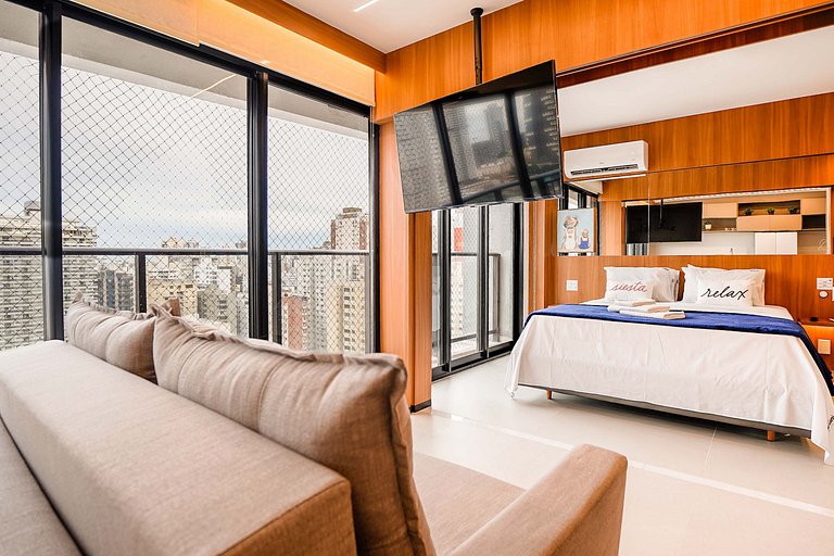 Flat luxuoso e completo perto do Vaca Brava