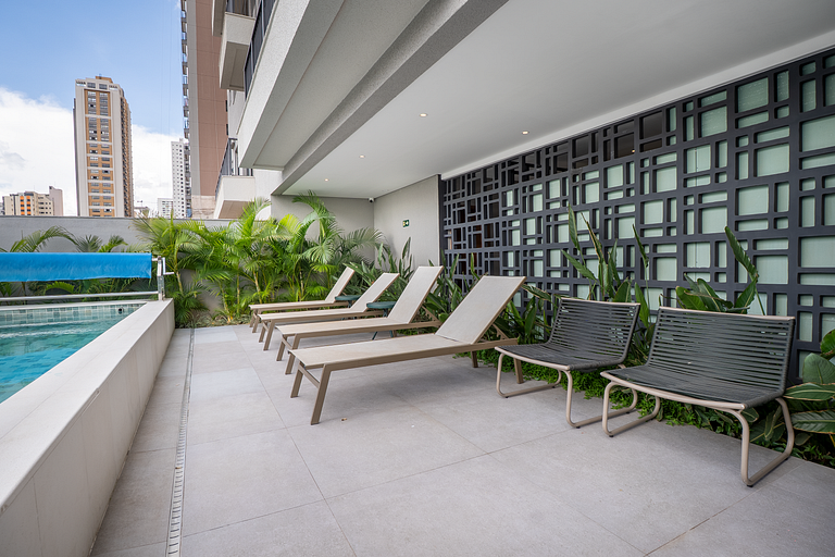 Flat confortável | Vista |  Piscina + Academia